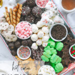 overhead shot of a hot cocoa snack board