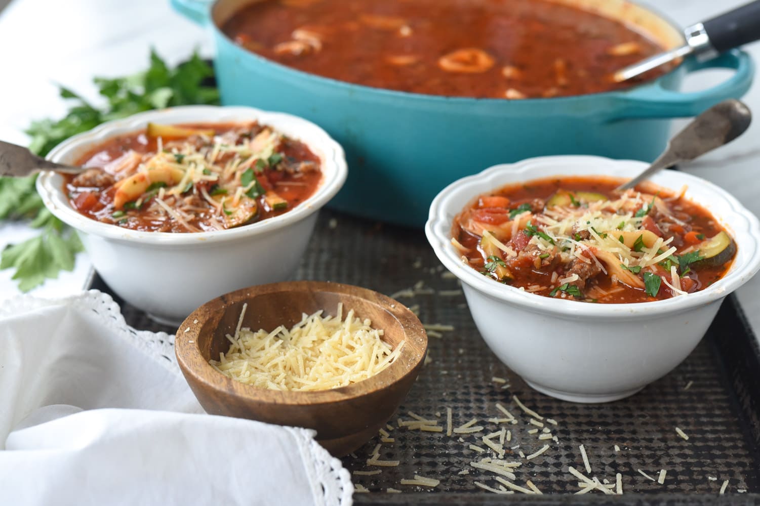 two bowls of sausage tortellini soup