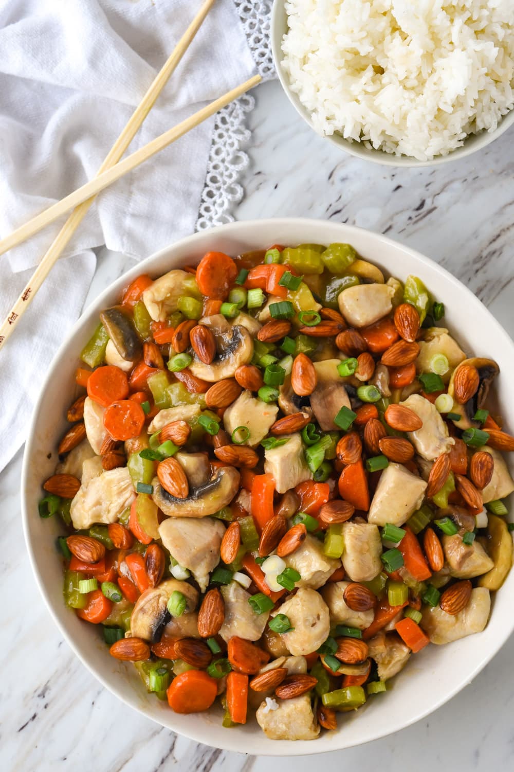 almond chicken stirfry in a bowl