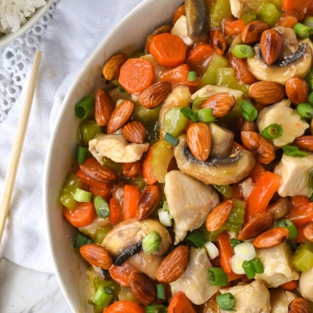 overhead shot of bowl of almond chicken