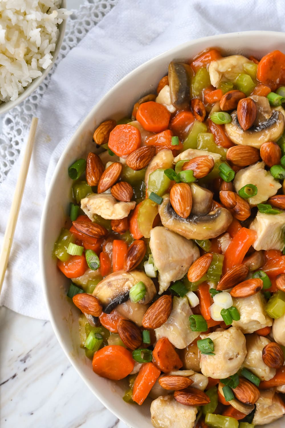 overhead shot of bowl of almond chicken