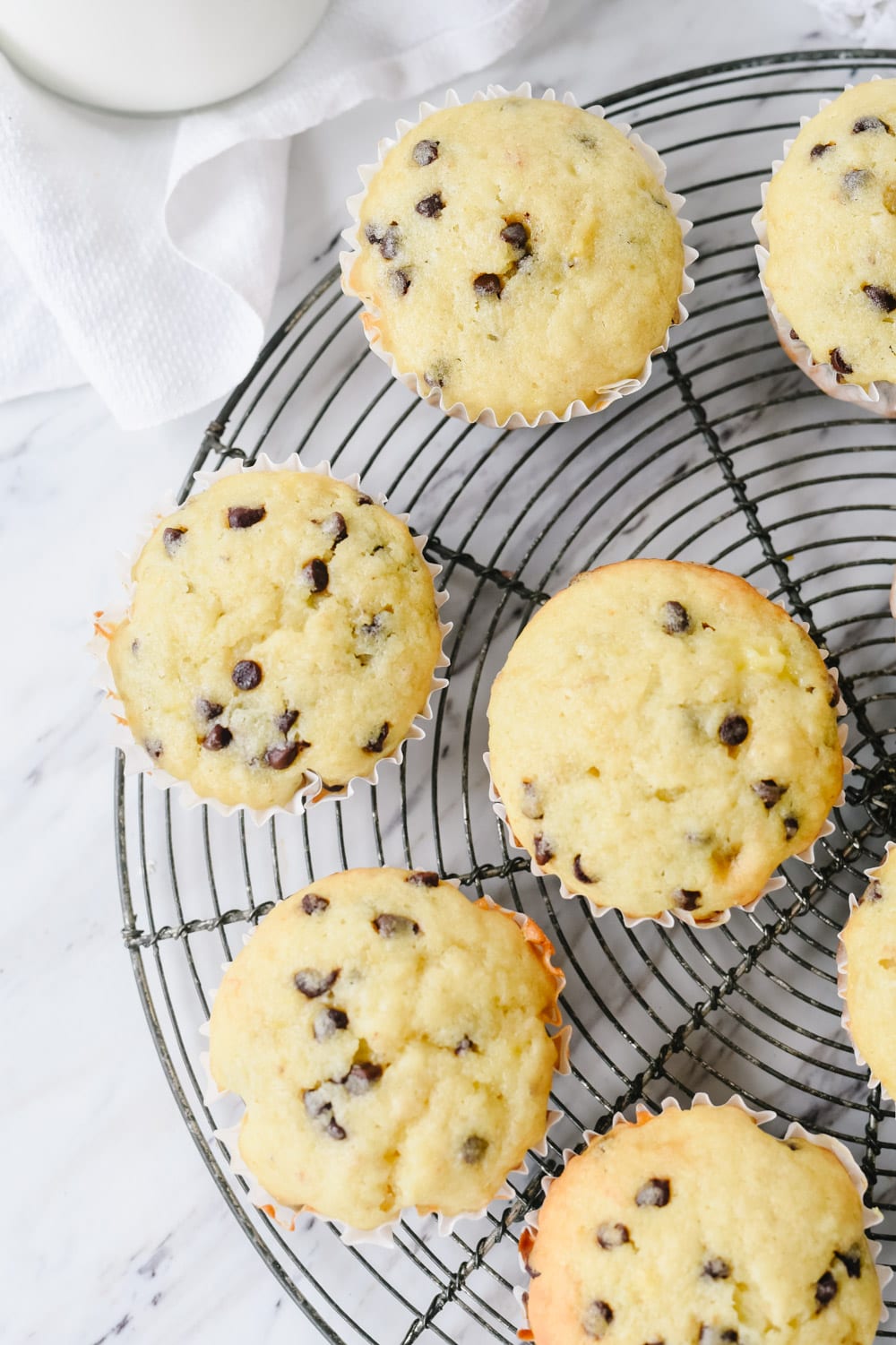 overhead shot of chocolate chip banana muffins