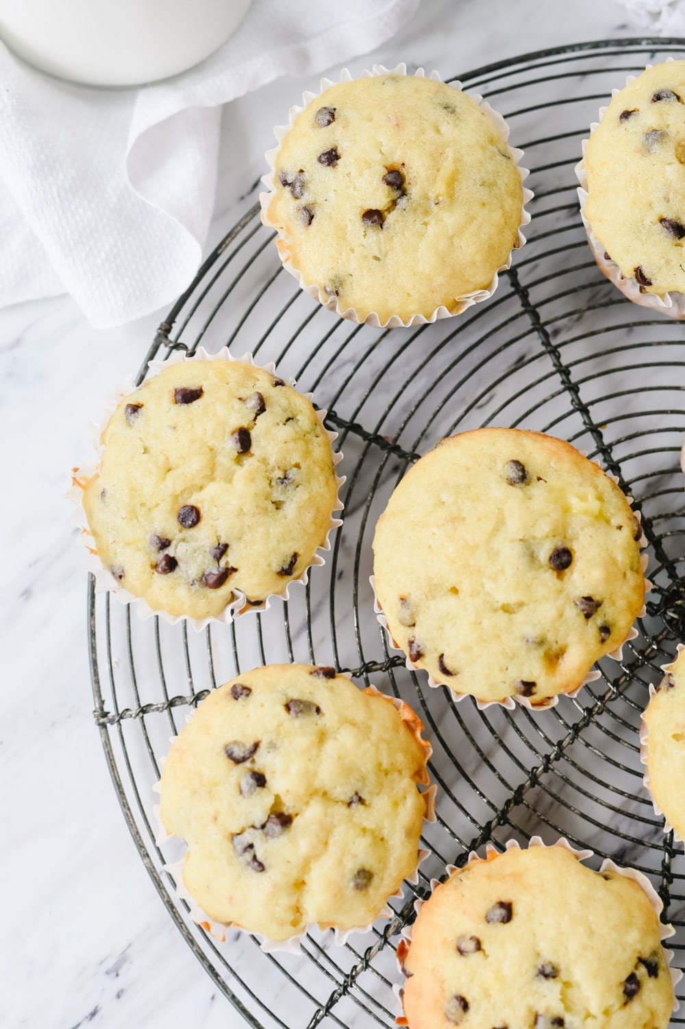 overhead shot of chocolate chip banana muffins