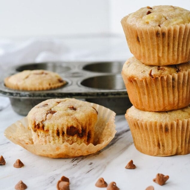 stack of banana cinnamon chip muffins