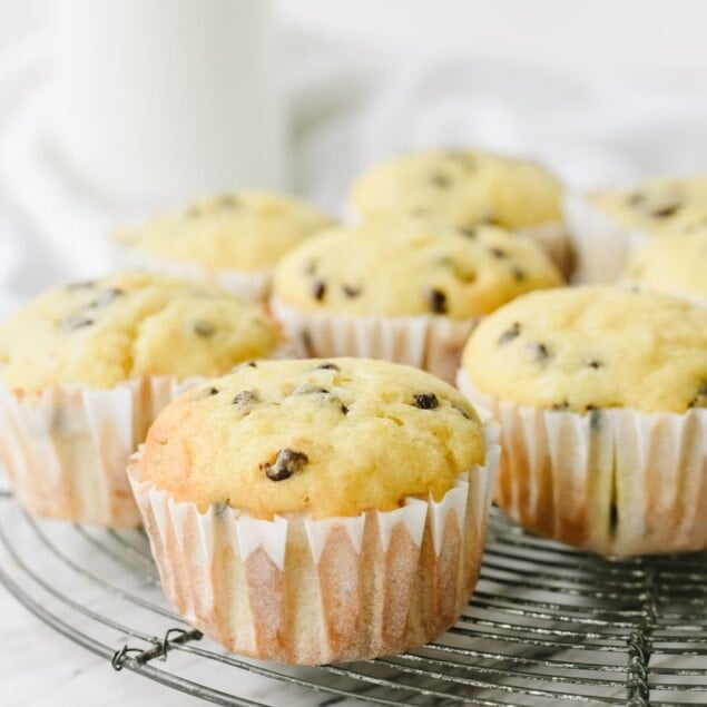 banana chocolate chip muffins on a rack