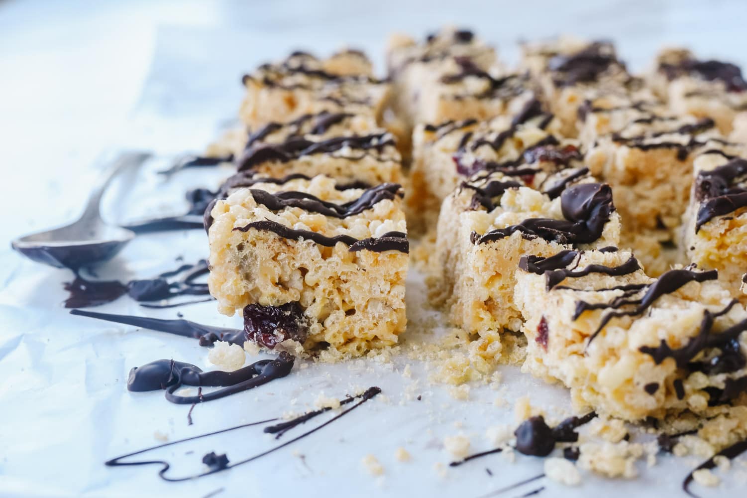 squares of chocolate cherry rice krispie treats