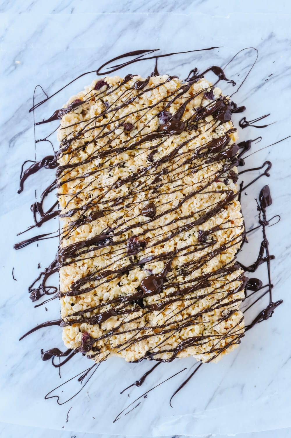 chocolate cherry rice krispie treats before cutting