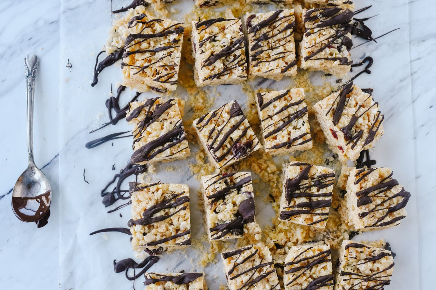 chocolate cherry rice krispie treats overhead