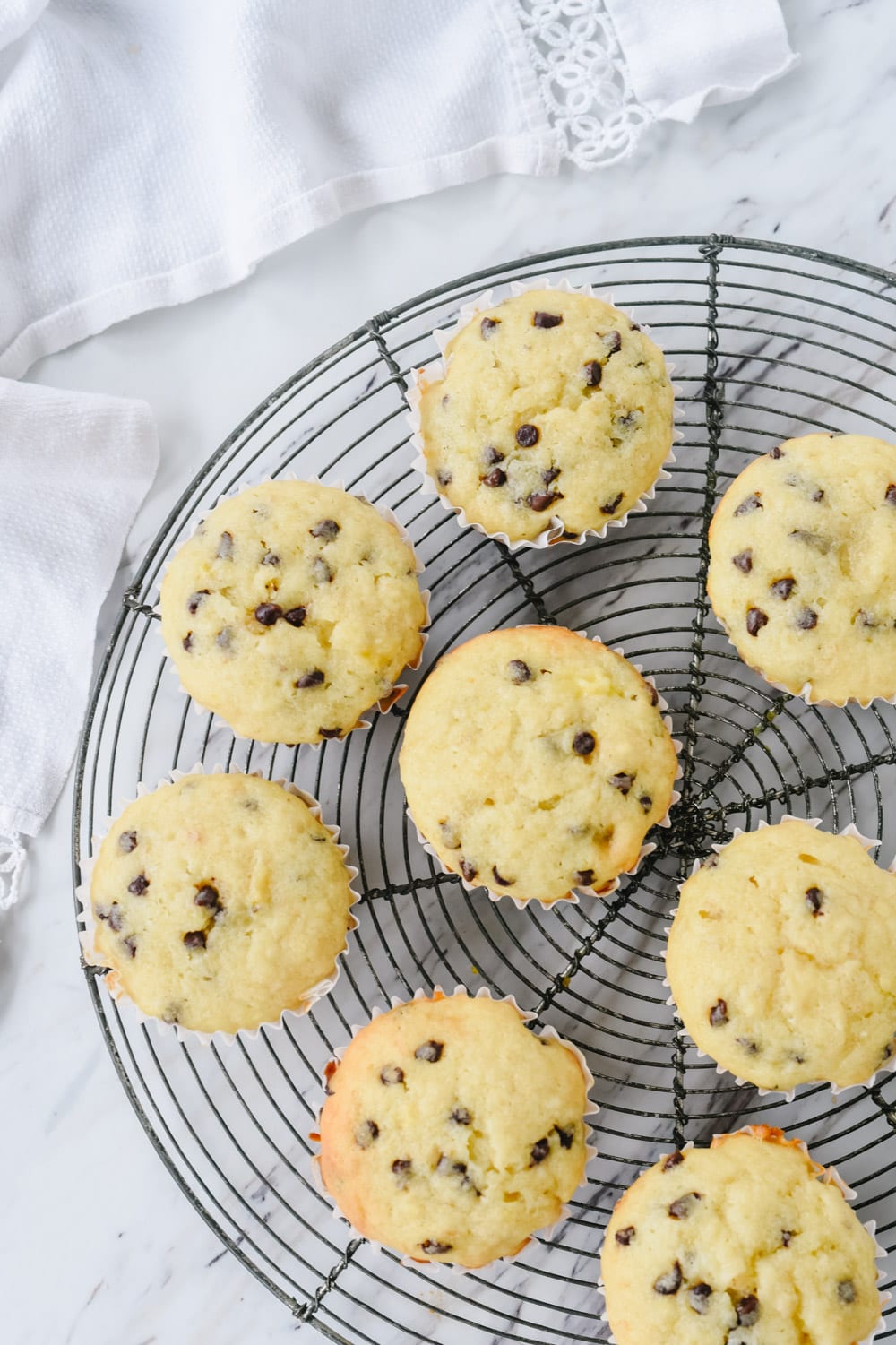 overhead shot of banana chocolate chip muffins