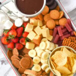 overhead shot of chocolate fondue and dippers