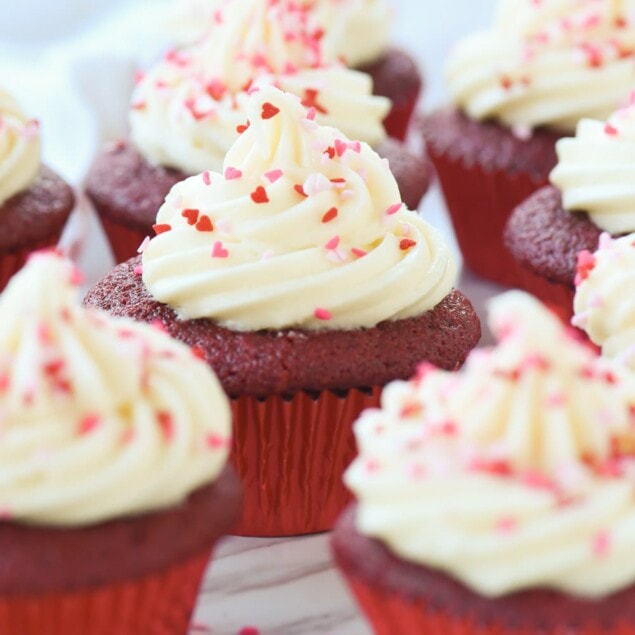 closeup of red velvet cupcakes