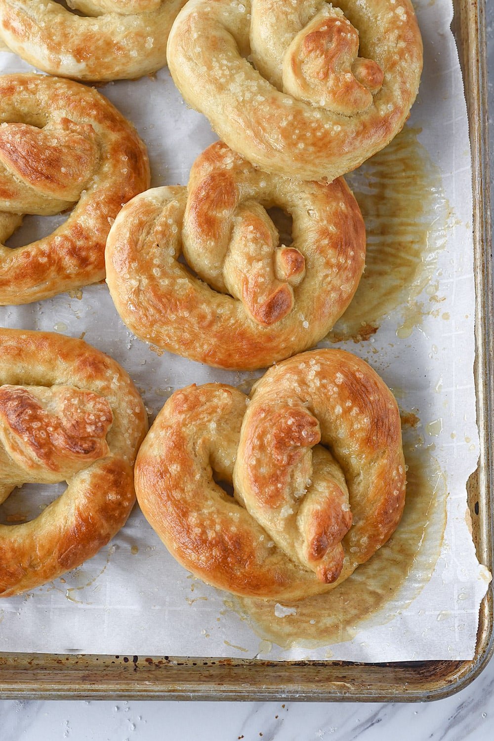 overhead shot of soft pretzels