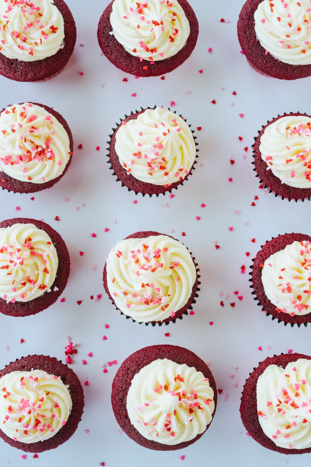 overhead shot of red velvet cupcakes