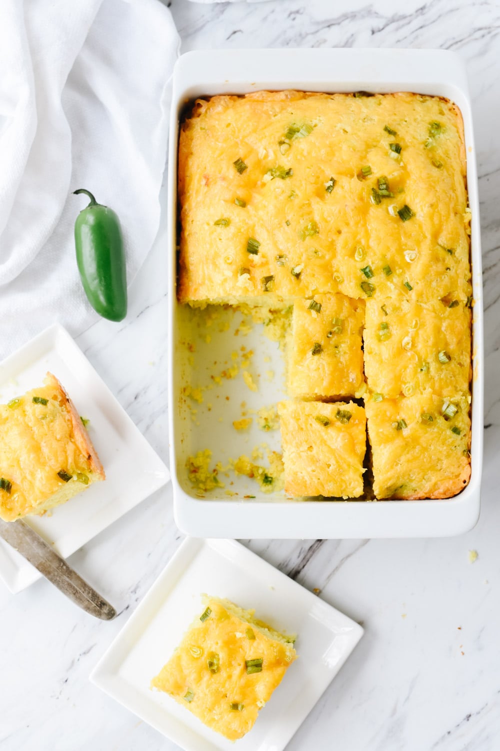 overhead shot of jalapeno cornbread in a pan