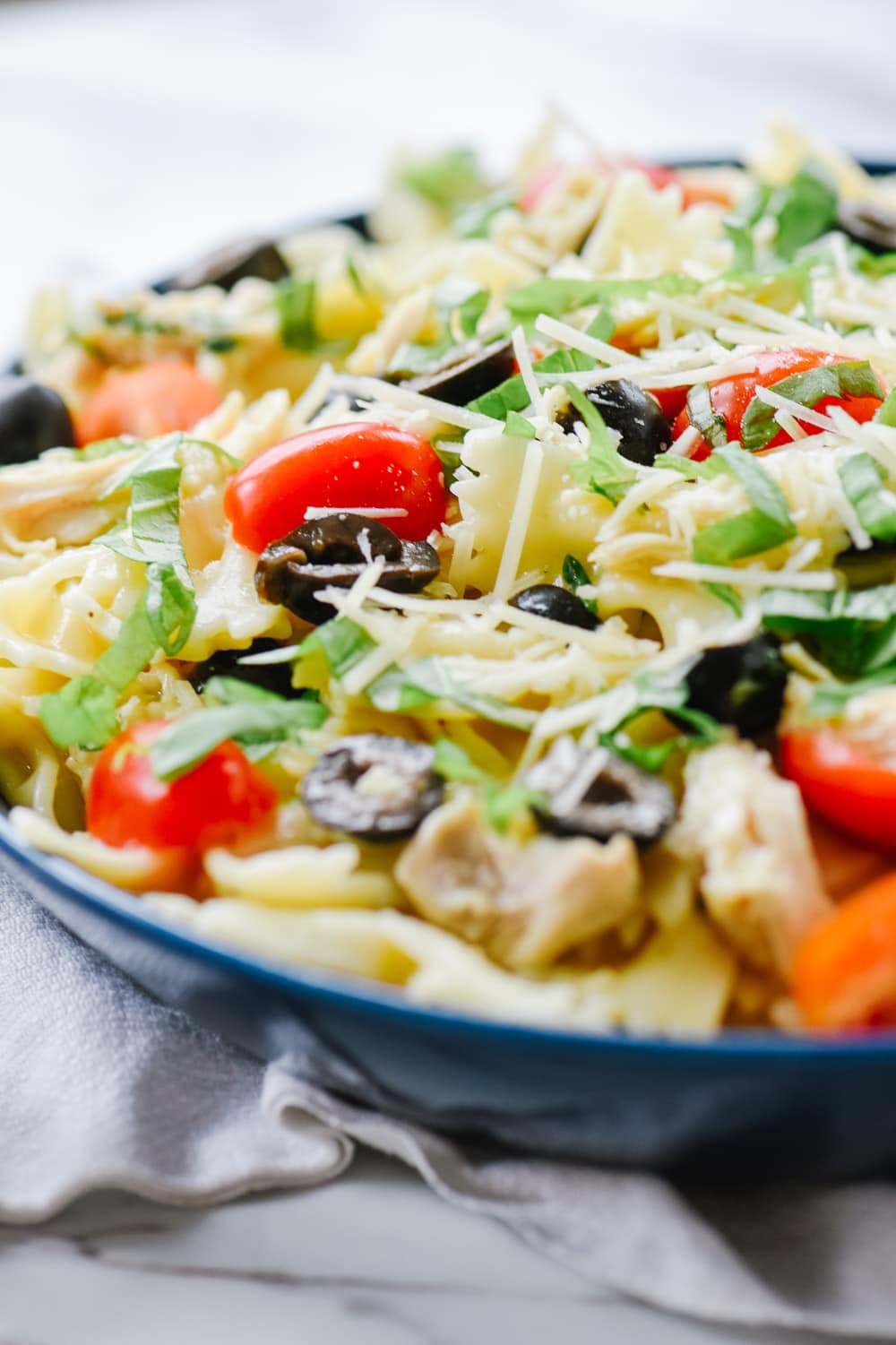 Mediterranean Pasta in a blue bowl