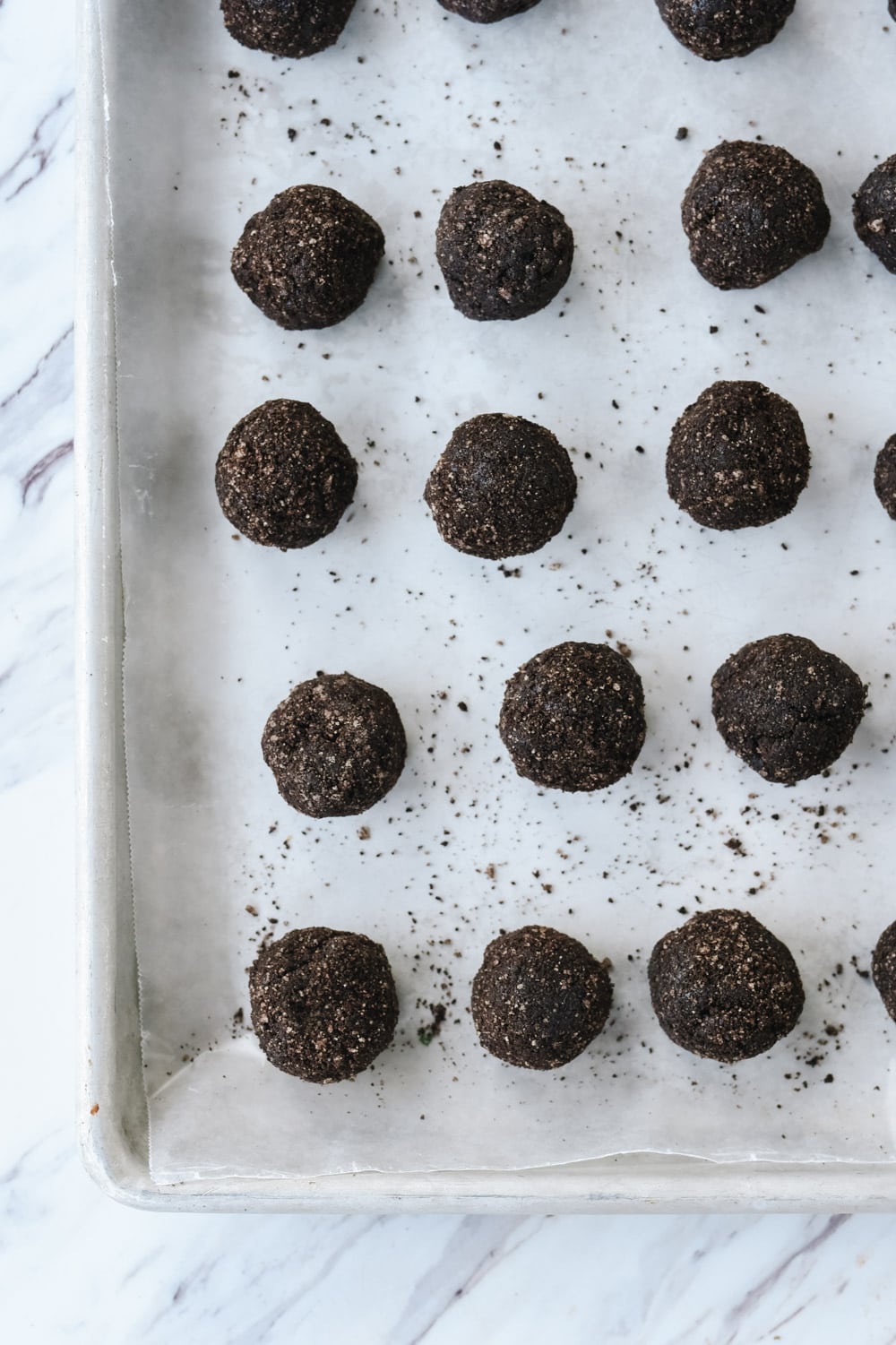 Oreo truffles on a baking sheet