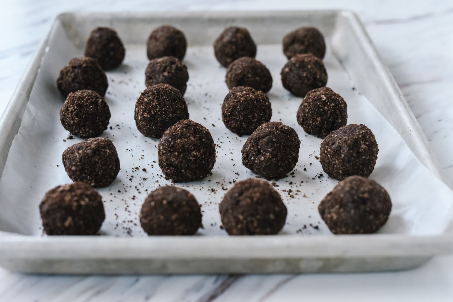 Oreo balls on cookie sheet