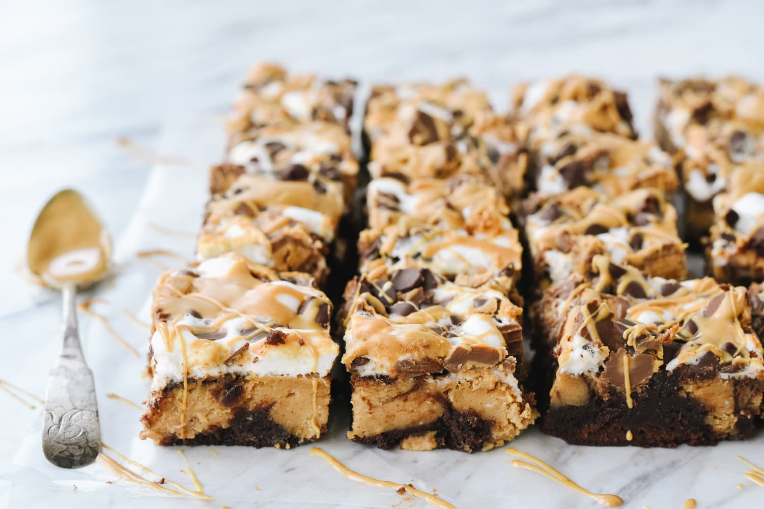 Peanut Butter cheesecake brownies cut into pieces