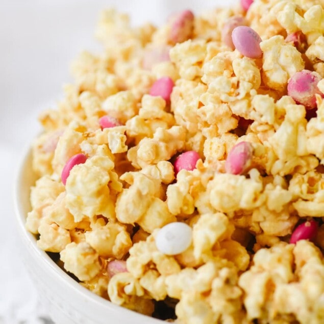 peanut butter popcorn in a white bowl