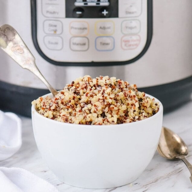 bowl of quinoa in front of instant pot.