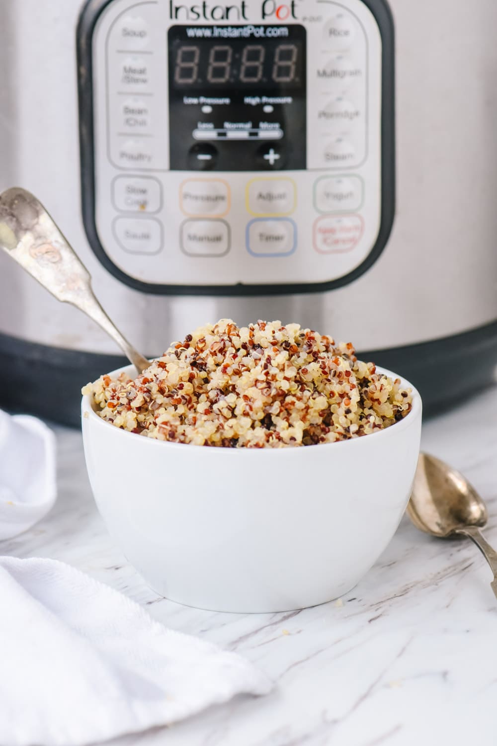 bowl of quinoa in front of instant pot.