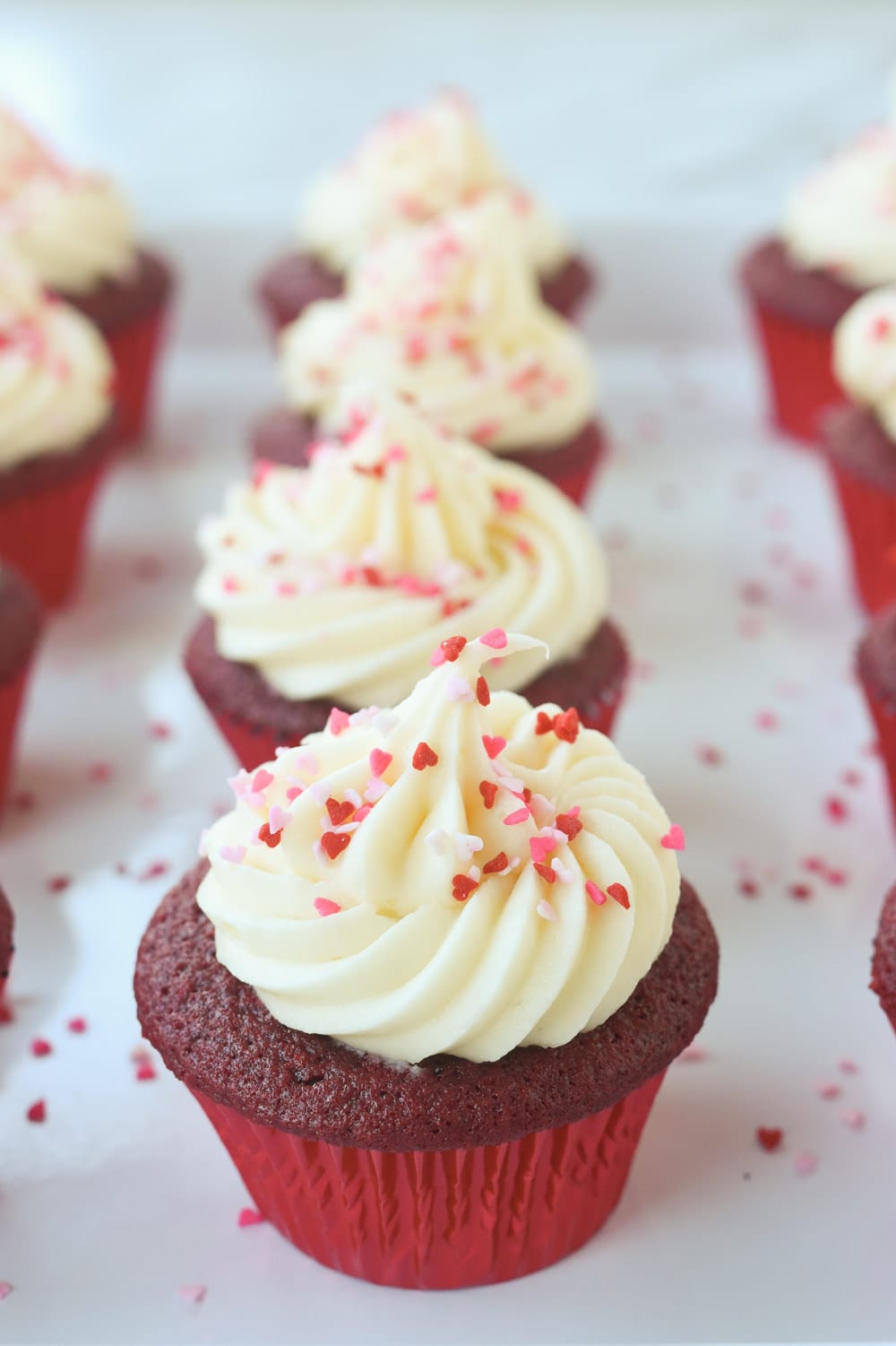 row of red velvet cupcakes