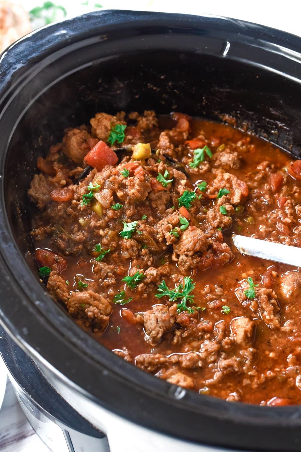 crockpot full of sausage chili