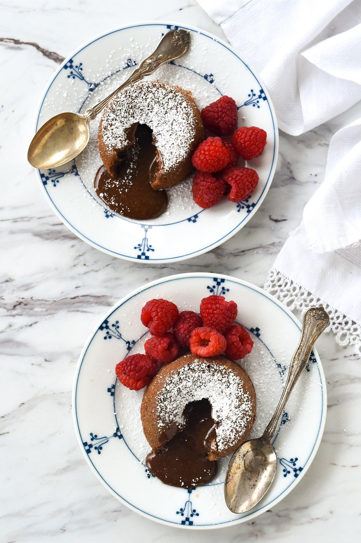 overhead shot of two chocolate lava cakes