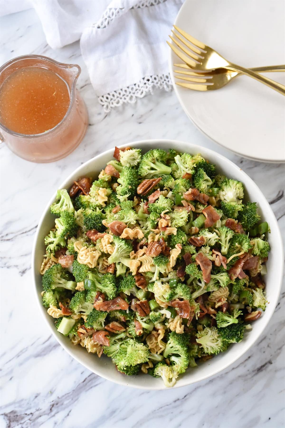 overhead shot of broccoli crunch salad