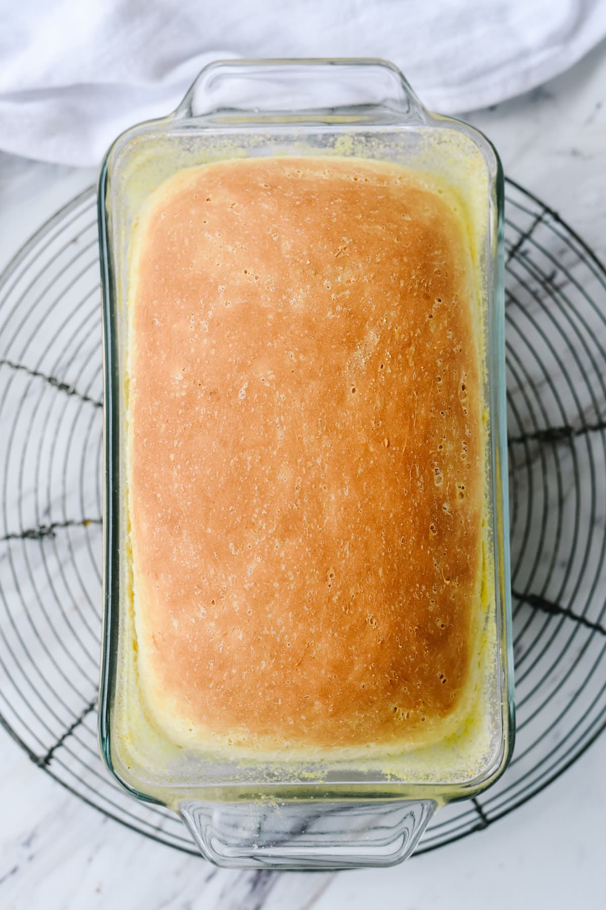 overhead shot of loaf of bread in bread pan