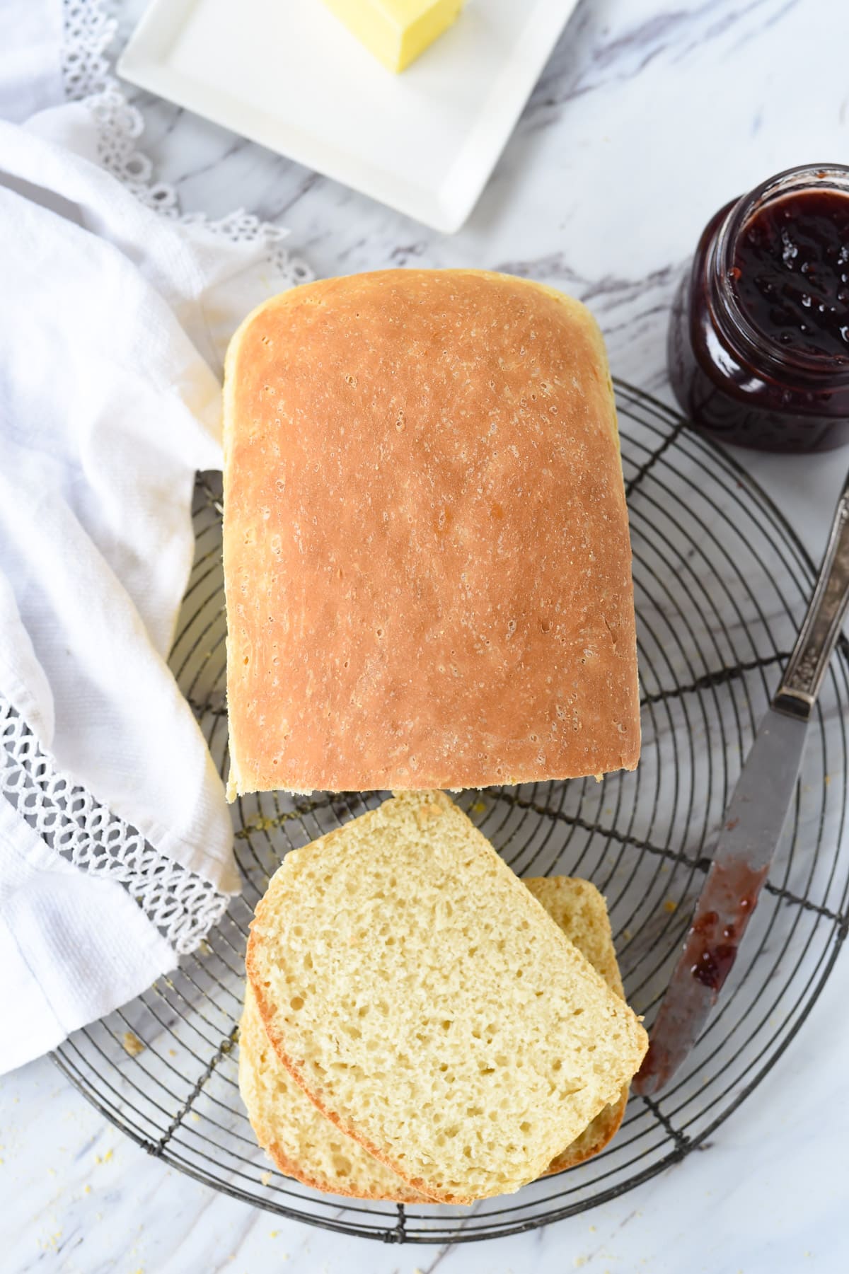 English Muffin Bread overhead shot of loaf of bread and slices of bread