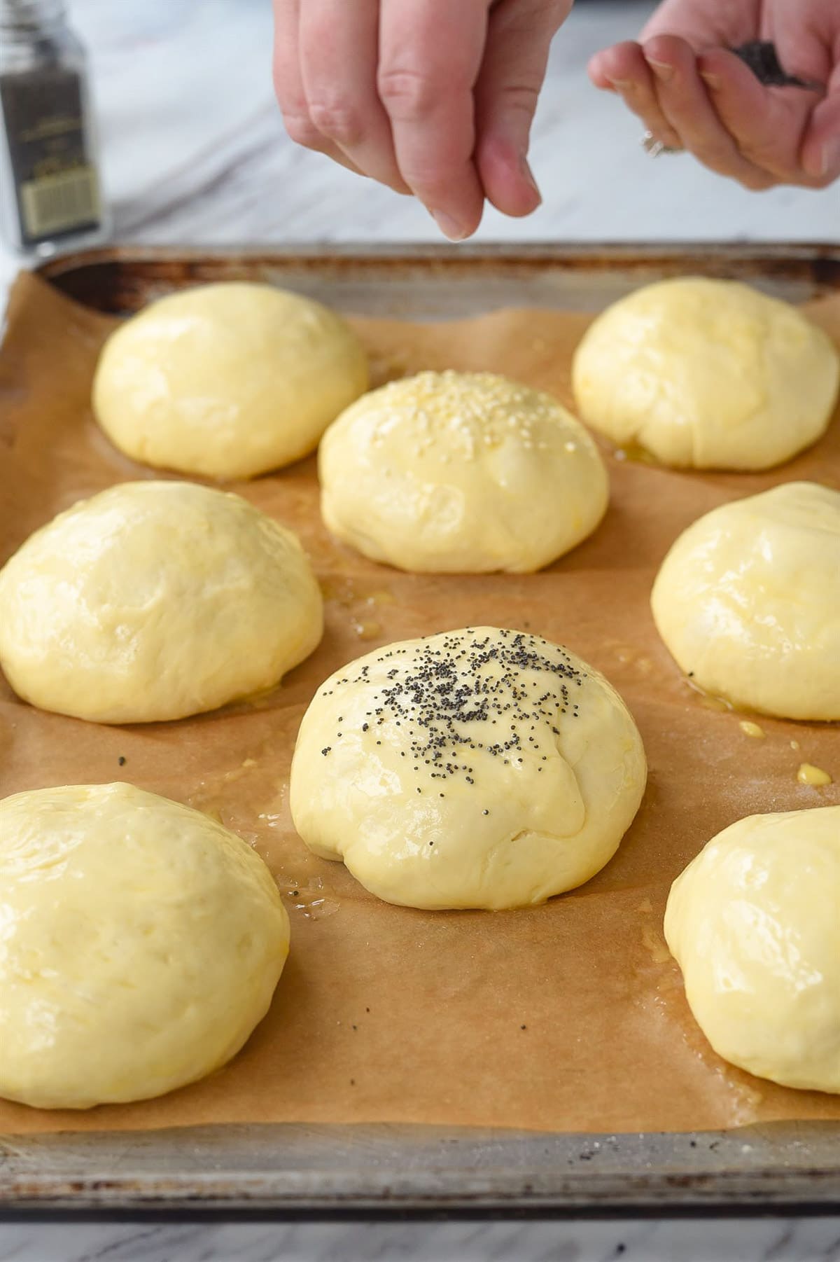 sprinkling hamburger buns with poppy seeds