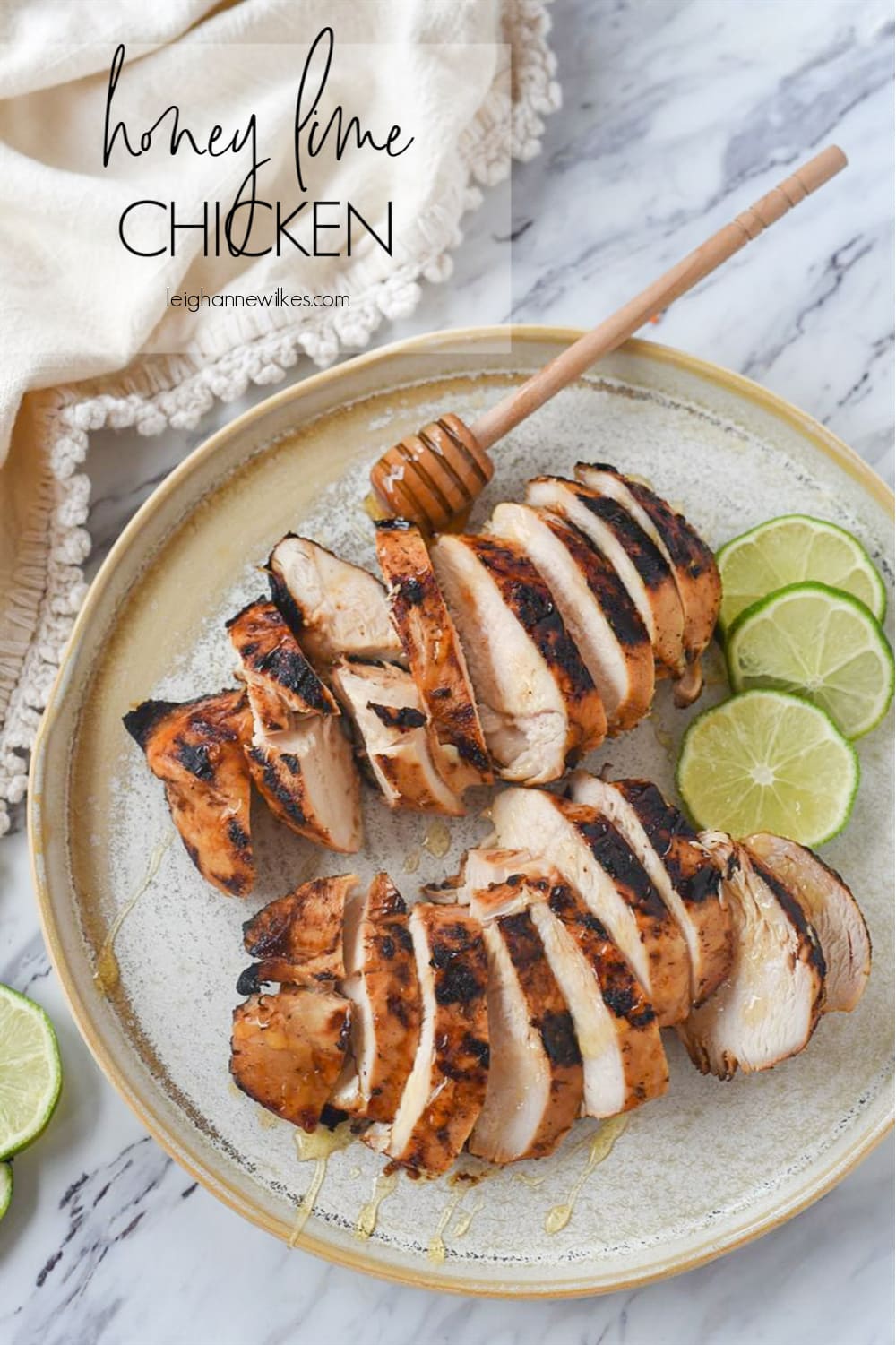 overhead shot of honey lime chicken on a plate