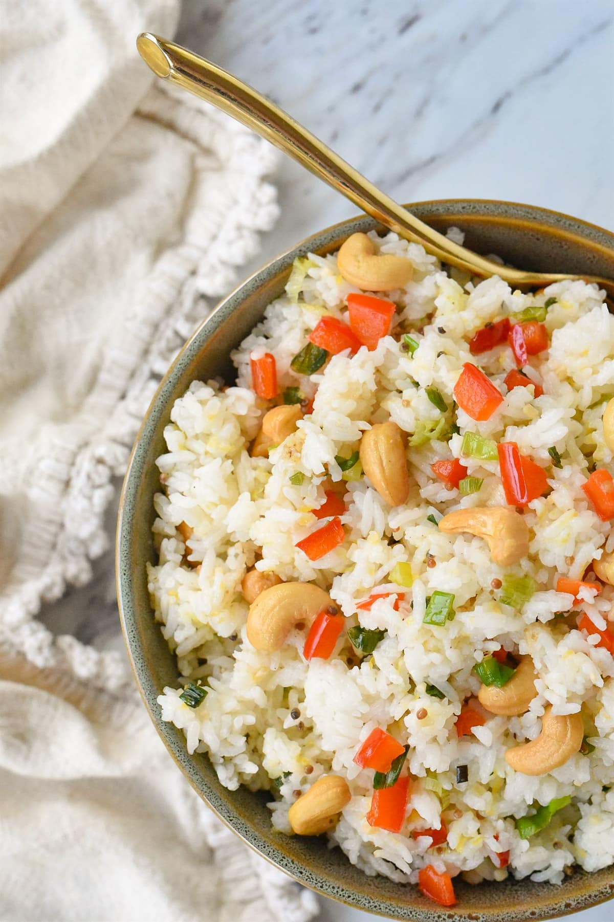 overhead shot of bowl of cashew nut rice