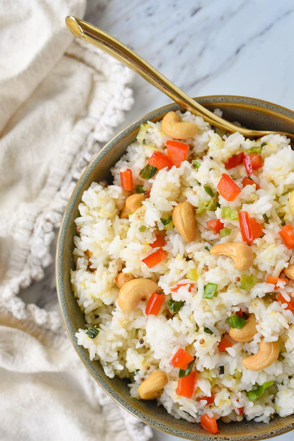 overhead shot of bowl of cashew nut rice