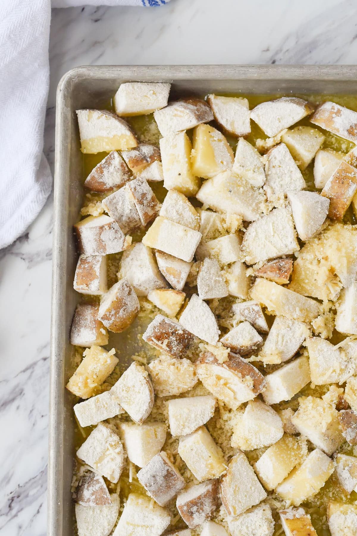 Parmesan Roasted potatoes on a baking sheet