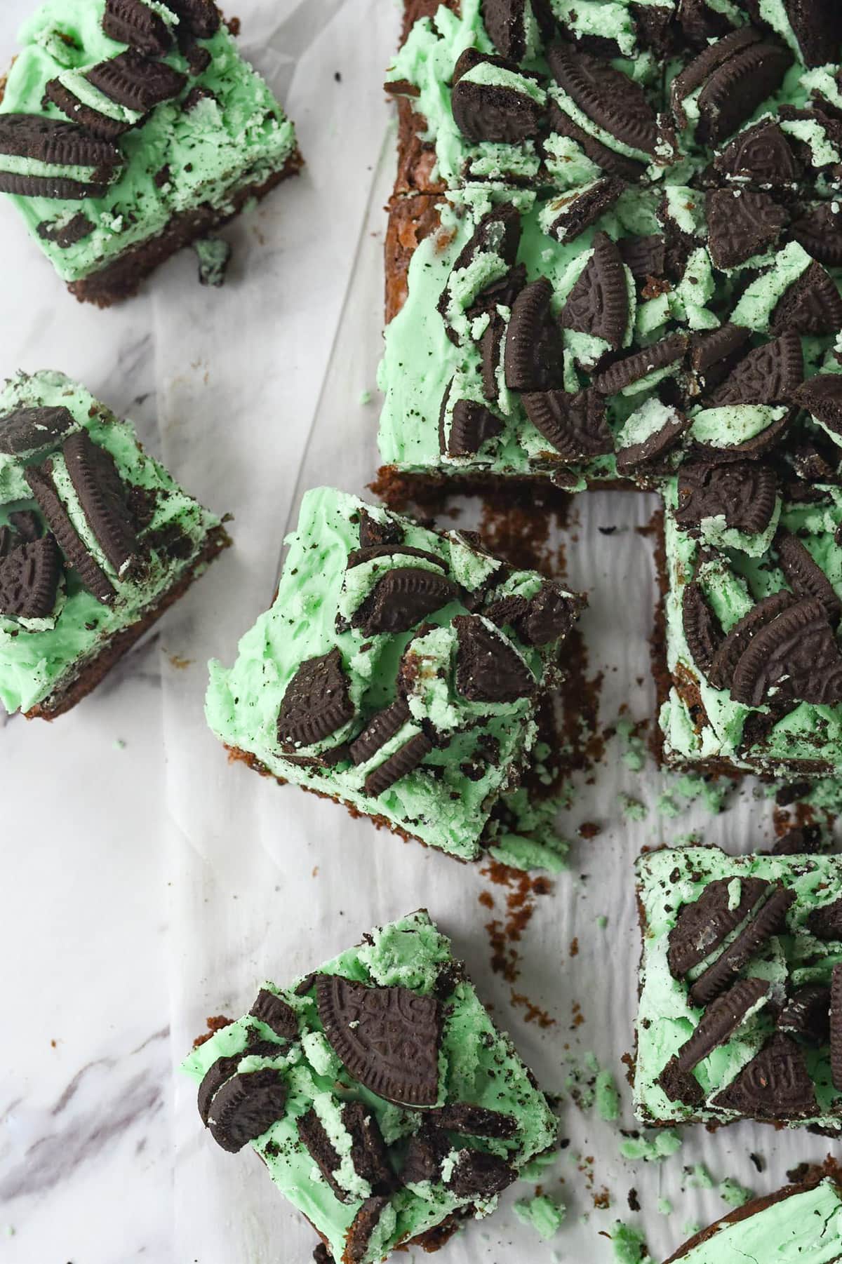 overhead shot of mint cookie brownies