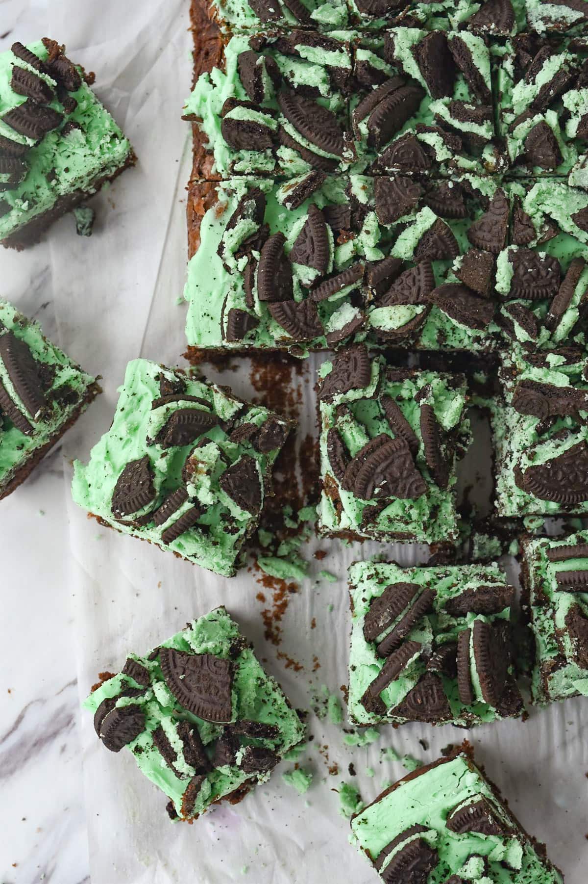 mint cookie brownies. cut into squares