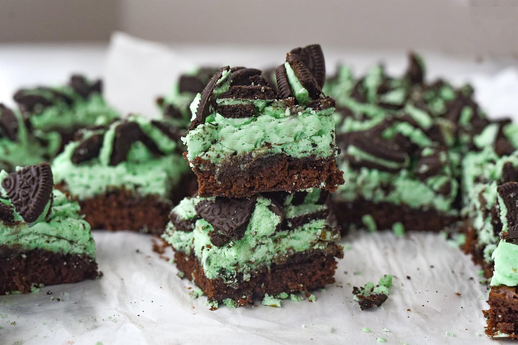 Mint Oreo Brownies in a stack