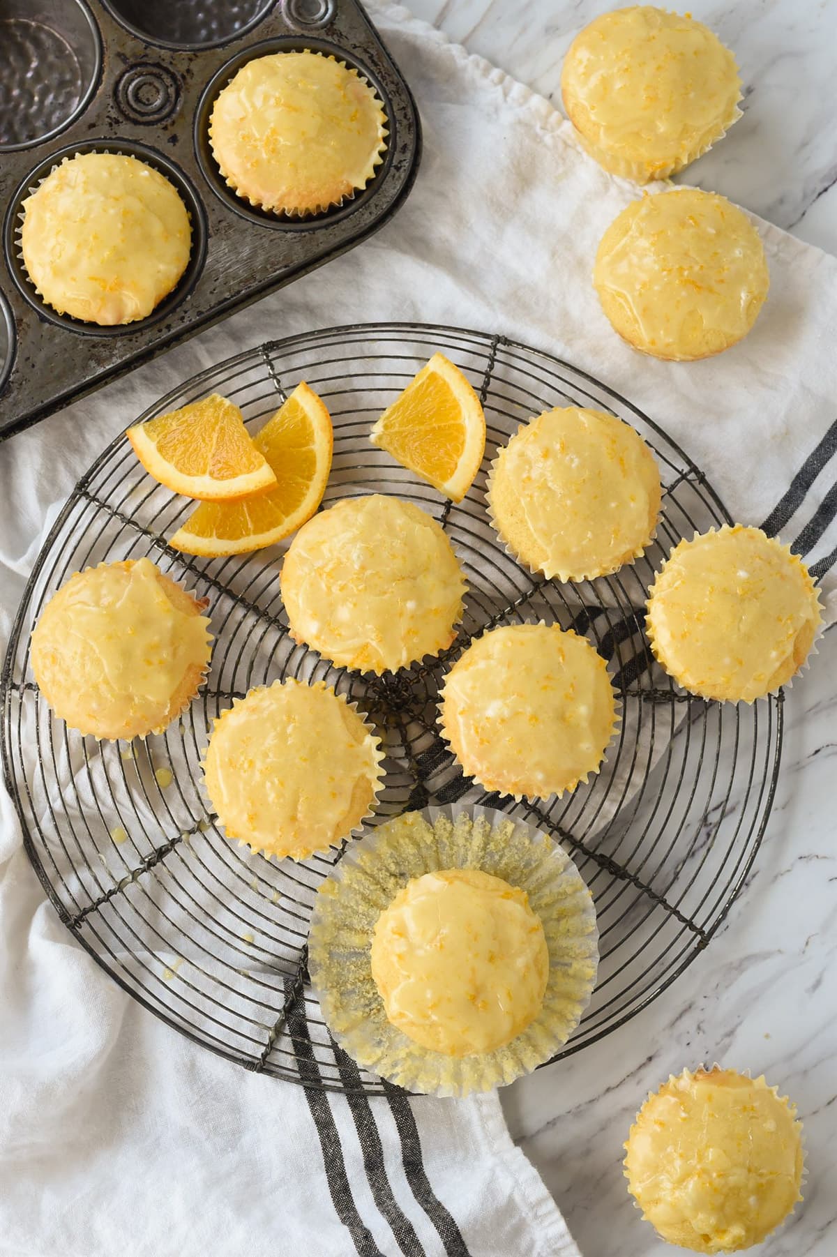 overhead shot of orange muffins