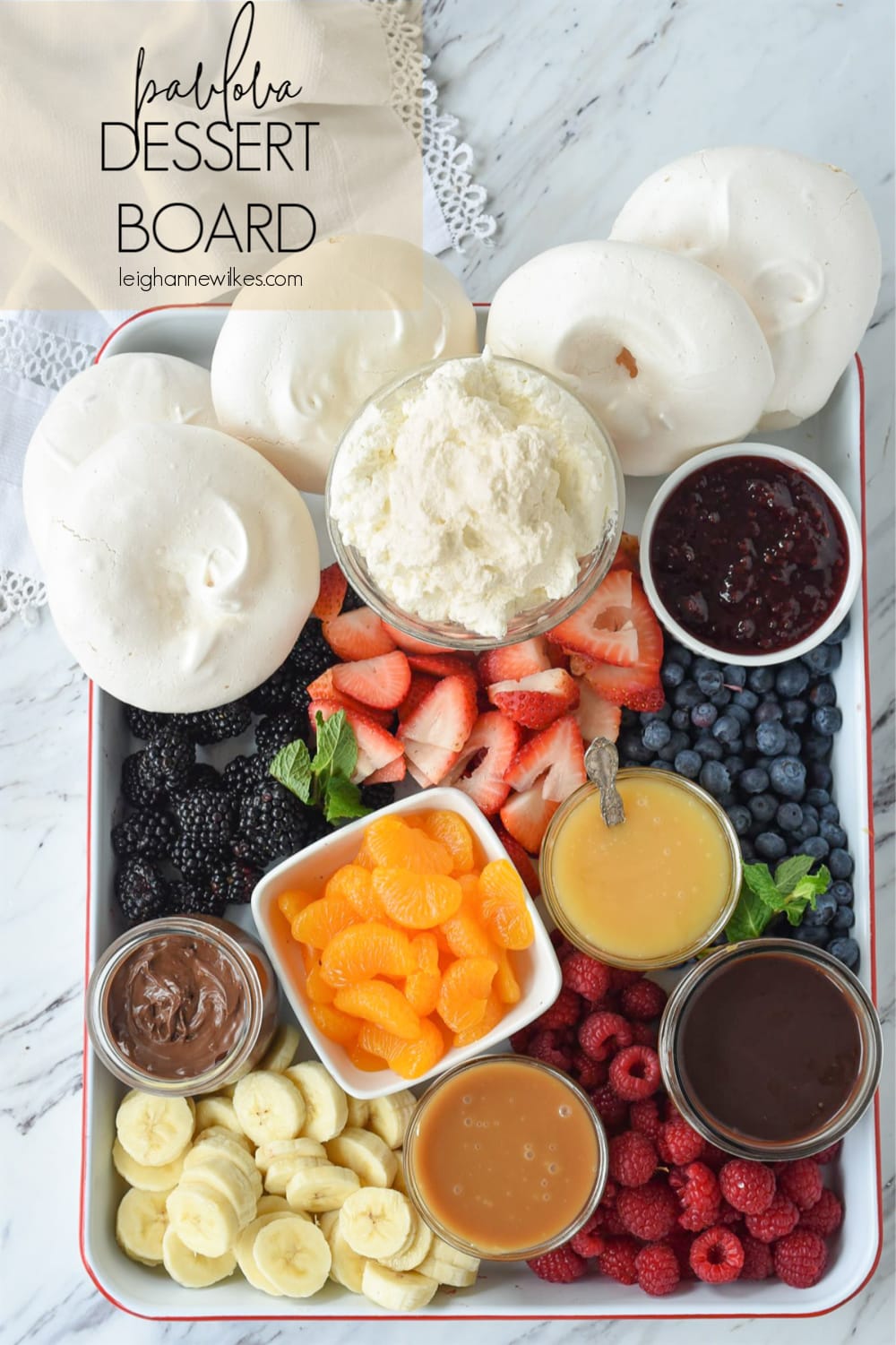 overhead shot of pavlova dessert board
