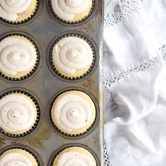 overhead shot of cupcakes in a muffin tin