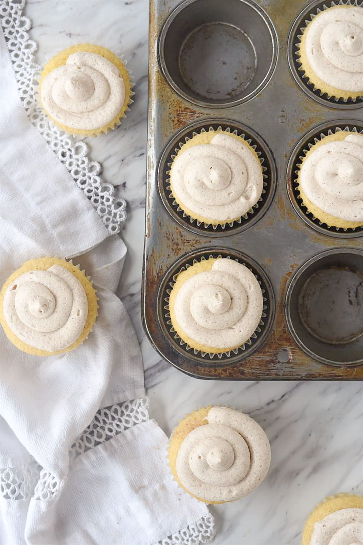 overhead shot of cupcakes in a muffin tin