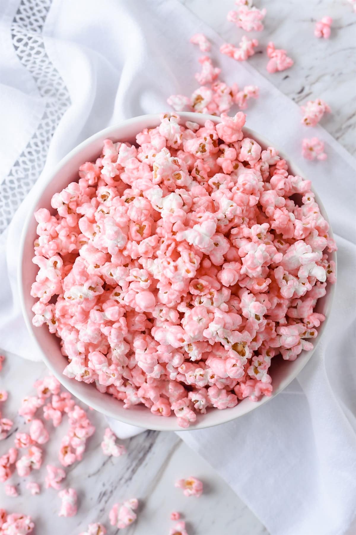 pink popcorn overhead shot of pink popcorn