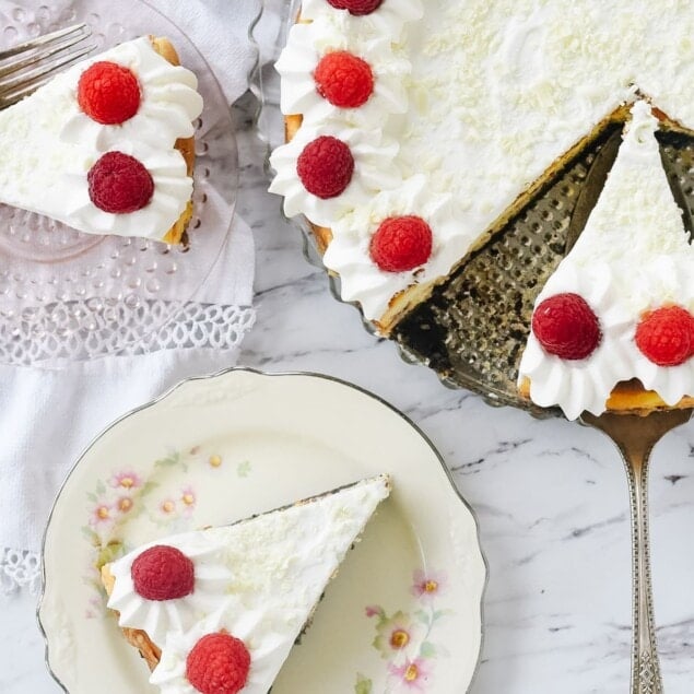 overhead shot of white chocolate raspberry cheesecake