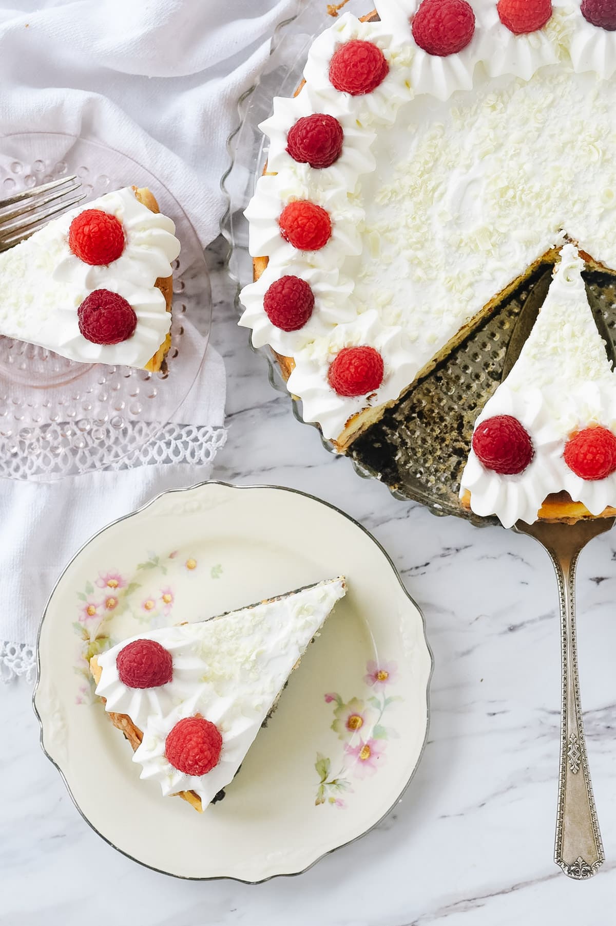 overhead shot of white chocolate raspberry cheesecake