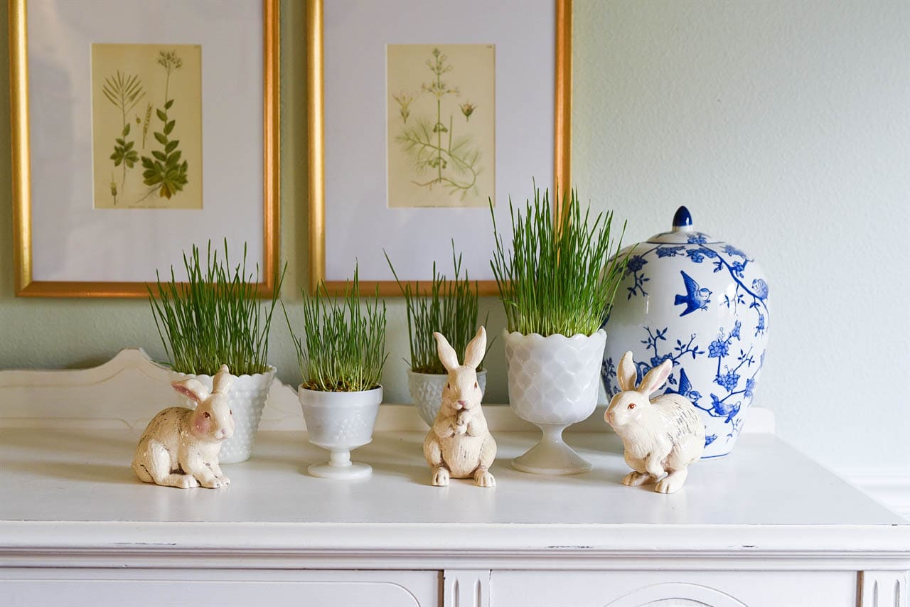 easter grass in milk glass