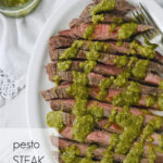 steak with pesto drizzled over it