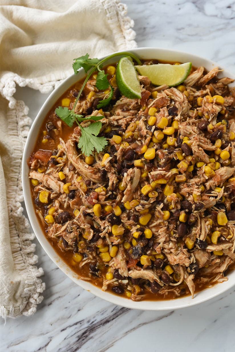 overhead shot of crockpot salsa chicken