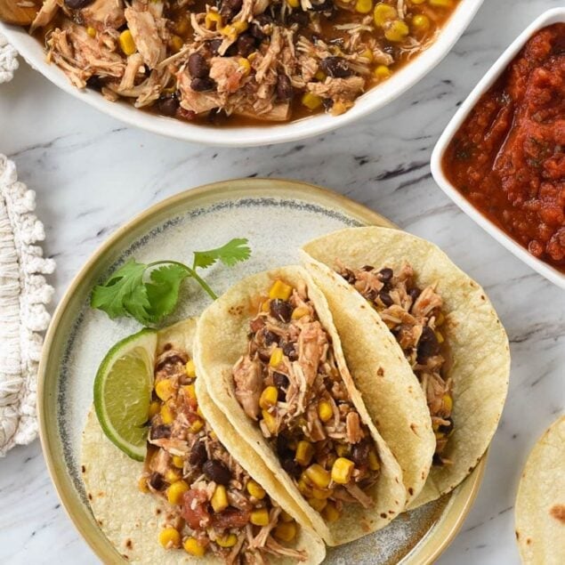 overhead shot of salsa chicken tacos